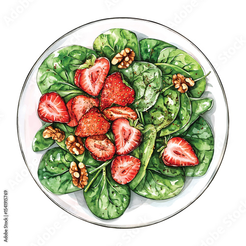 Watercolor illustration of fresh strawberry spinach salad on transparent background