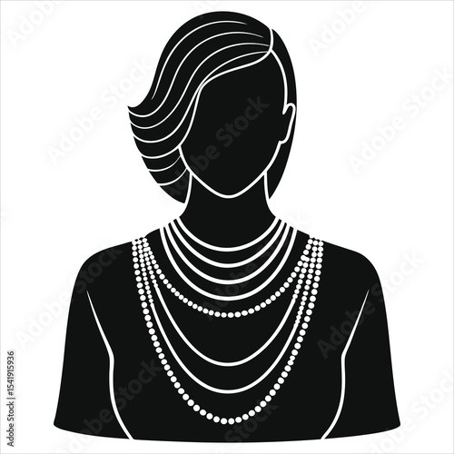 (layered Necklaces) Woman with multiple pearl necklaces in elegant vector silhouette/A black and white silhouette of a woman wearing multiple pearl necklaces.