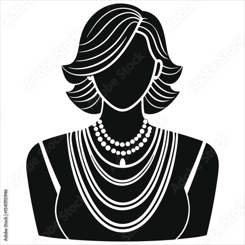 (layered Necklaces) Stylish Woman Vector Silhouette with Exquisite Jewelry/A sophisticated silhouette of a woman adorned with layered pearl necklaces.