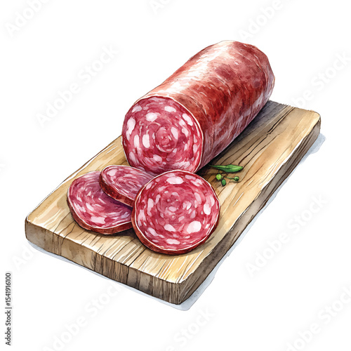 Watercolor salami slices on wooden board with herbs on transparent background