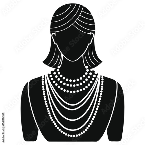 ( layered Necklaces)Vector Silhouette of a woman wearing multiple necklaces./A black and white silhouette of a woman with various necklaces.