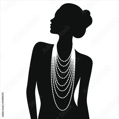 ( Multi-strand necklace)Vector Silhouette of a Woman Wearing a Multi-Layered Pearl Necklace/A stylish silhouette of a woman, profile view, wearing a striking, multi-layered pearl necklace.