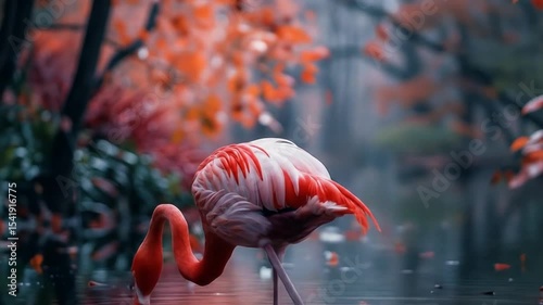 a beautiful flamingo bending head near lake at autumn season with pink and red leafs