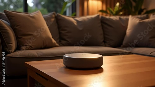 Modern Smart Speaker Illuminates Cozy Living Room Setting at Night