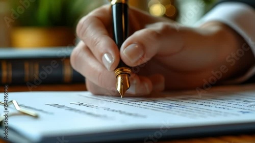 A hand signing a document with a pen, close-up view