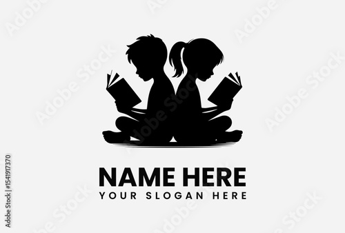 Silhouette of two children reading books back-to-back, logo design.
