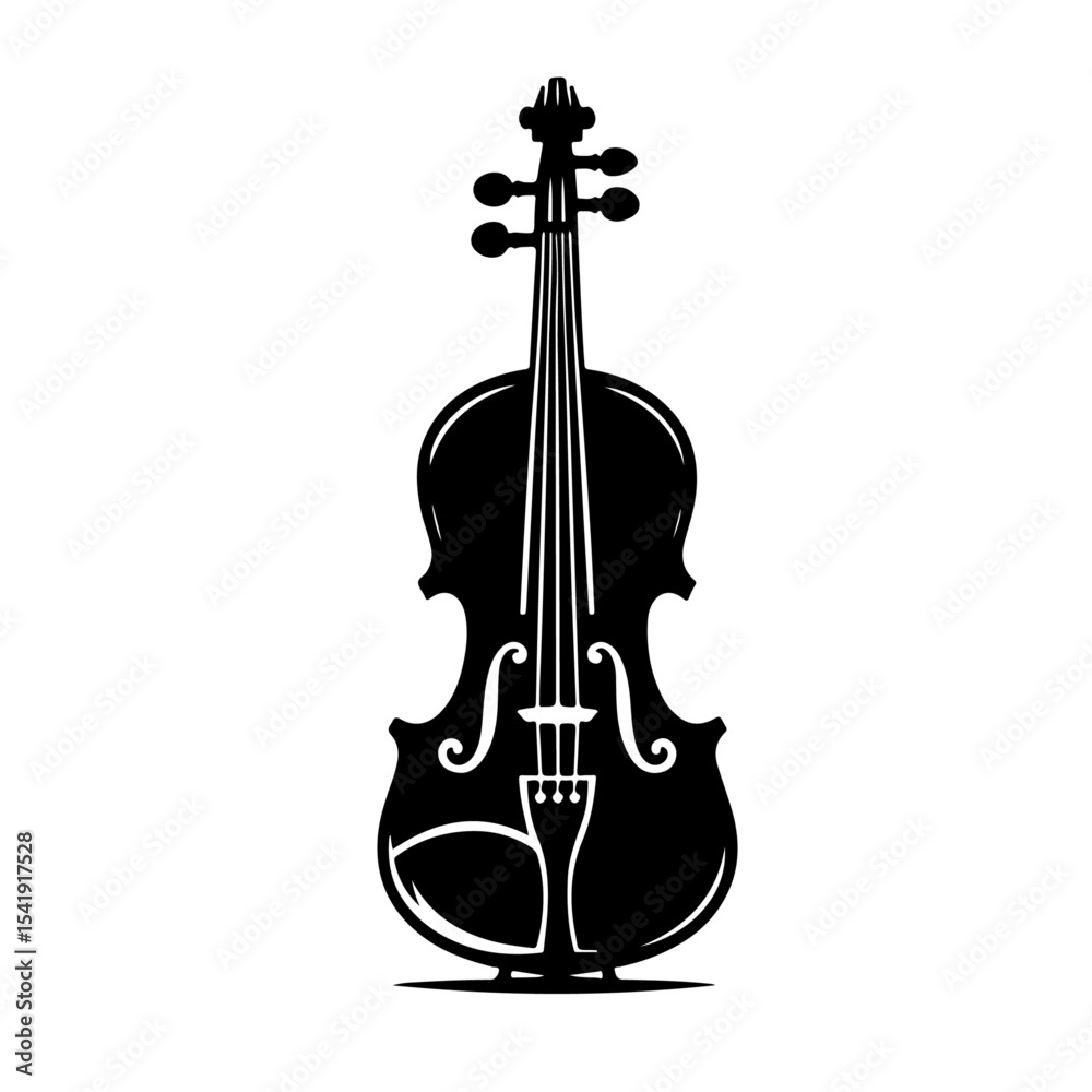 Fototapeta premium Violin Silhouette Icon – Black Vector String Instrument with Stylized Curves and Fine Detail on White Background