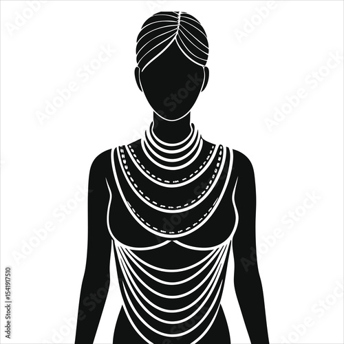 (Multi-strand necklace)Elegant Woman Vector Silhouette with Ornate Necklaces/A stylish black and white silhouette of a woman, showcasing a layered, ornate necklace design.