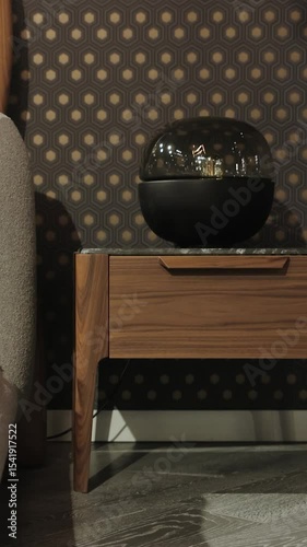 Vertical screen: A chic bedroom with a modern bed, a wooden bedside table, stylish decor and warm atmosphere