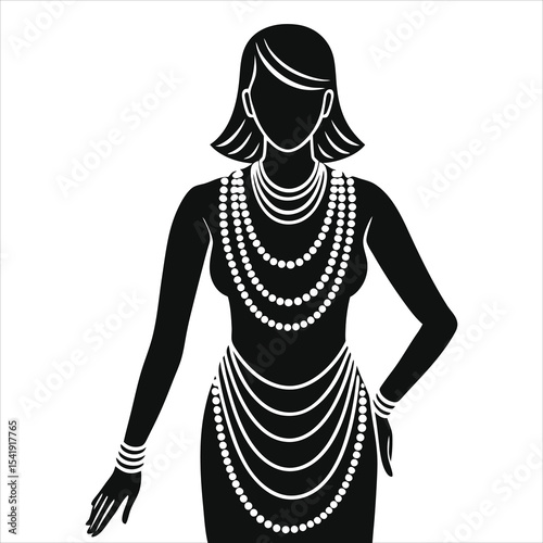 ( Multi-strand necklace)Elegant Woman Vector Silhouette Displaying Multiple Pearl Necklaces and Bracelets/A stylish black and white silhouette of a woman adorned with numerous pearl necklaces