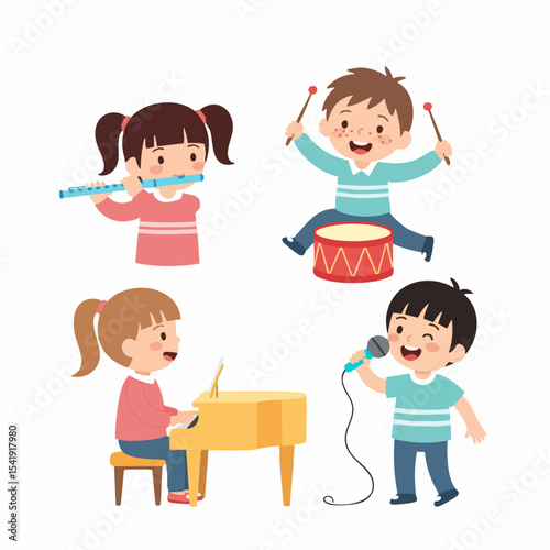 Cute Handdrawn Illustration of Happy Children Playing Musical Instruments
