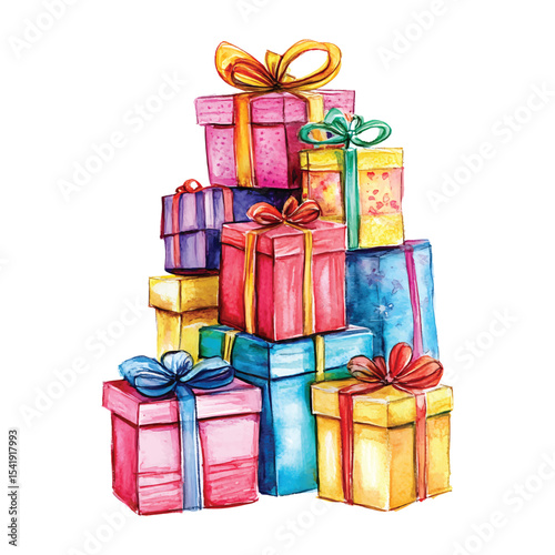 Watercolor illustration of a stack of colorful presents on transparent background