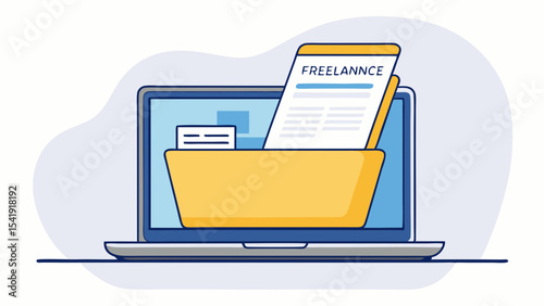 Freelance career illustration laptop showing document and folder freelance work home office digital document management