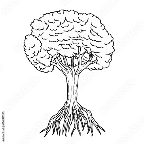 Detailed tree with roots outline hand drawn of a big tree with growth roots and leaves. Forest element doodle