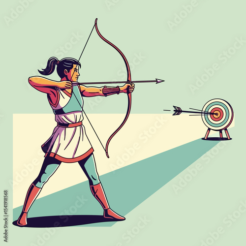 Female Archer Aiming at Target – Vector Illustration of Archery Accuracy