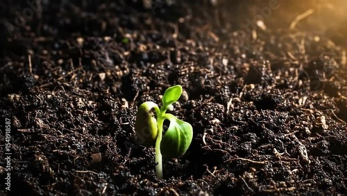 a close-up shot of a small seedling growing out of the soil, bathed in warm sunlight. This image represents new beginnings, growth, and the beauty of nature