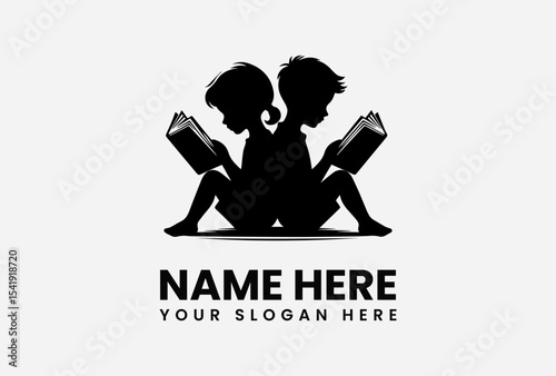 Silhouette logo of two children reading books, positioned back-to-back.
