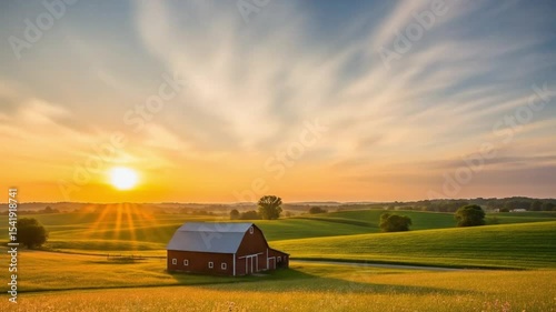 red barn at sunset in a idyllic landscape. the sun rays are shining through the clouds, creating a stunning spectacle.