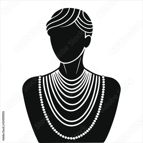 (Multi-strand necklace)Vector Silhouette of a mannequin with multiple necklaces/A stylized, black and white silhouette of a female mannequin showcasing a collection of necklaces with various pearl sty