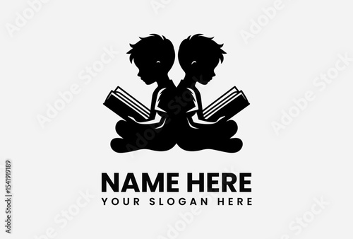 Two children engrossed in reading books, mirrored, forming a logo design.