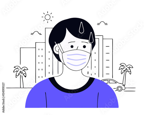 Person Wearing Mask in Summer Heat - Discomfort Vector Illustration (Sweating, Overheating) - Flat Design on White Background