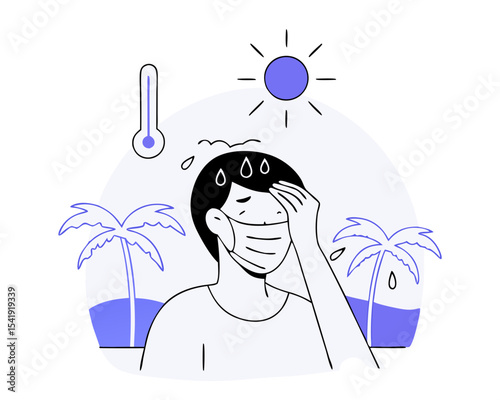Person Wearing Mask in Summer Heat - Discomfort Vector Illustration (Sweating, Overheating) - Flat Design on White Background