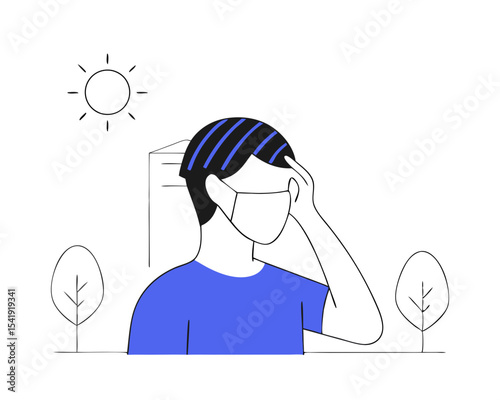 Person Wearing Mask in Summer Heat - Discomfort Vector Illustration (Sweating, Overheating) - Flat Design on White Background
