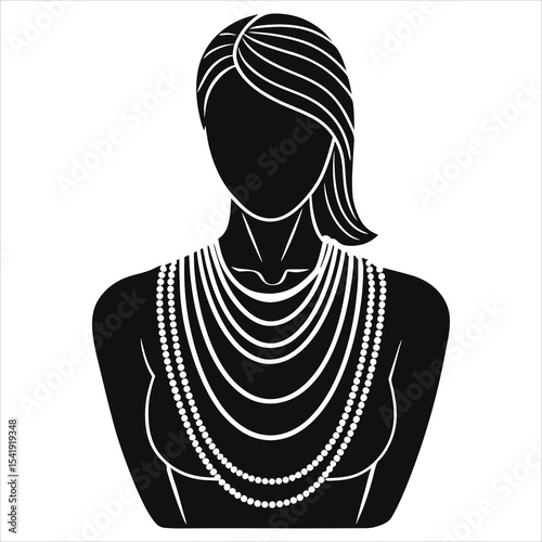 (Multi-strand necklace)Stylish Woman Vector Silhouette with Layered Pearl Necklaces/A black and white silhouette of a woman wearing multiple pearl necklaces.
