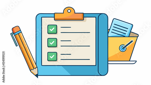 Checklist Illustration with Green Check Marks Task Management Business Planning Stationery and Yellow Pencil for