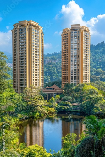 Luxury Apartments Reflecting in Lake Surrounded by Greenery