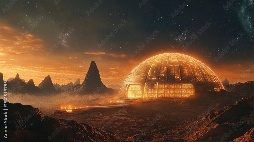 Obraz premium Futuristic Dome Structure in Alien Landscape at Sunset Horizon