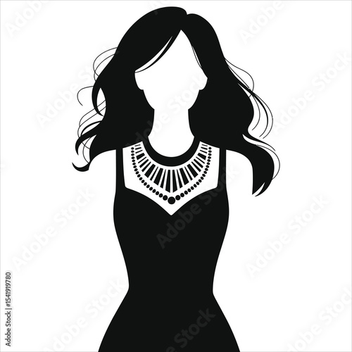 (Bib Necklace)Elegant Woman in a Black Dress with a Geometric Necklace Vector Silhouette/A stylish silhouette of a woman wearing a black dress and a striking geometric necklace.