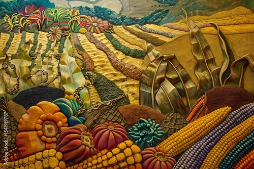 Mesoamerican Corn Harvest terraced field ancient tools vibrant colors historical art