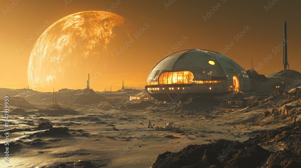 Obraz premium Futuristic Space Colony on an Alien Planet Under Rising Orange Moon