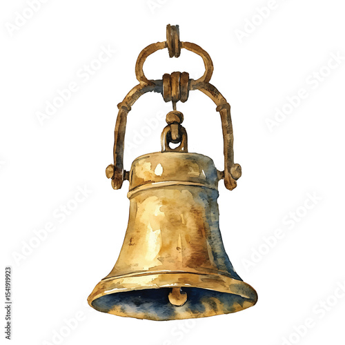 Antique brass bell watercolor illustration hanging on transparent background