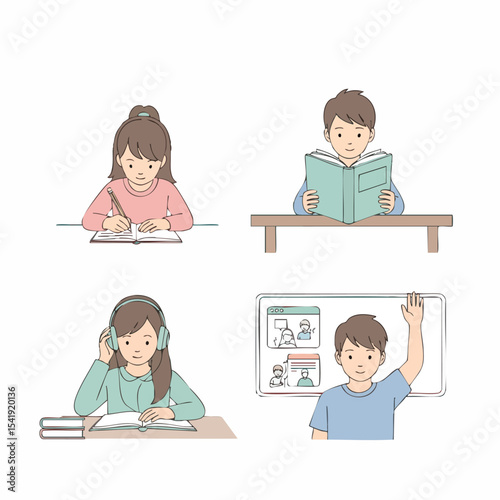 Simple Handdrawn Young Students Studying at Table Character Illustration Set