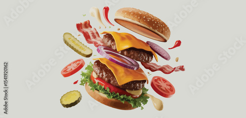 Delicious double cheeseburger with bacon exploding with ingredients
