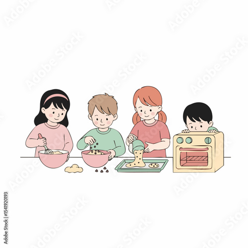 Minimalist Handdrawn Children Baking Together in Kitchen Illustration
