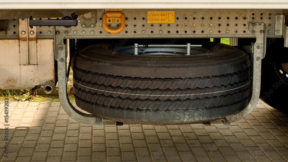 Fototapeta premium Spare wheel under the trailer frame.