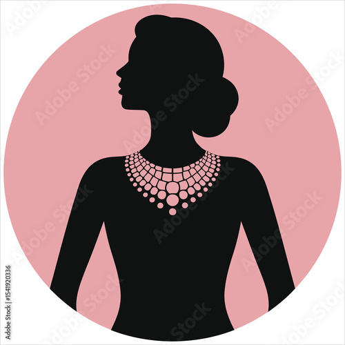 (Bib Necklace)Elegant Lady Vector Silhouette with Pearl Necklace, Perfect for Fashion or Jewelry Design/A sophisticated silhouette of a woman wearing a stunning pearl necklace