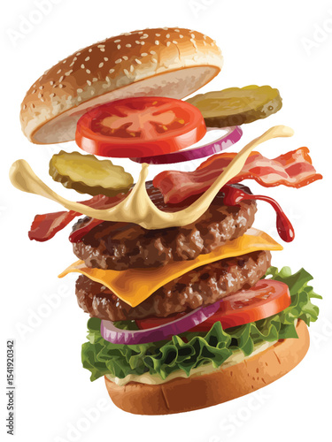 Delicious double cheeseburger with bacon in mid air