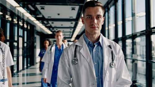 Wallpaper Mural Doctor in white coat walking bright hospital corridor symbolizes medicine leadership responsibility dedication care support expertise Torontodigital.ca