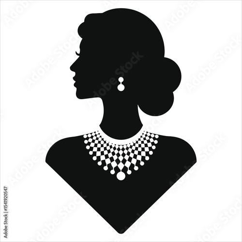 (Bib Necklace)Vector Silhouette of a Woman Wearing Exquisite Jewelry/A sophisticated profile view of a woman's head and shoulders in silhouette, adorned with a striking, geometric patterned necklace 