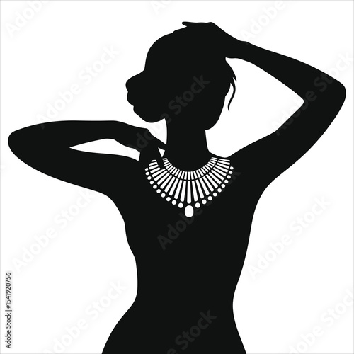 ( Bib Necklace) Vector Silhouette of a Woman Wearing a Luxurious Necklace/A striking black and white silhouette of a woman wearing a beautiful, detailed necklace.