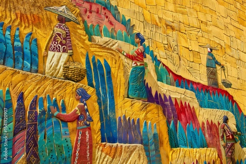 Mesoamerican Corn Harvest terraced field ancient tools vibrant colors historical art