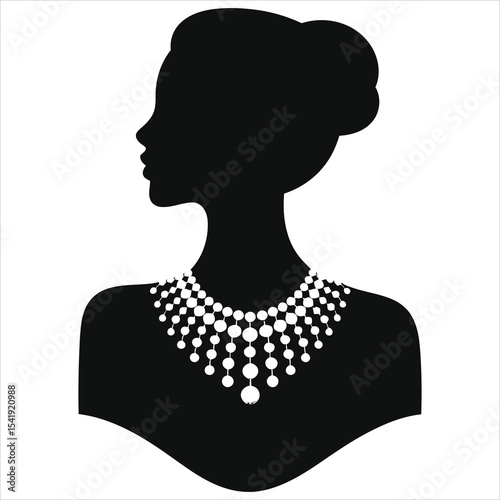(Bib Necklace)Vector Silhouette of a Woman Wearing a Pearl Necklace/A sleek, profile silhouette of a woman adorned with a stunning pearl necklace.