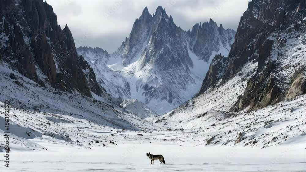 Lone wolf stands in snowy mountain valley Lone wolf stands in snowy mountain valley