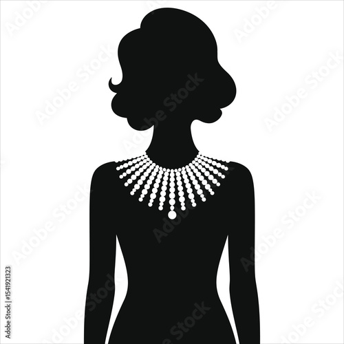 (Bib Necklace) Vector Silhouette of a Woman Wearing a Pearl Necklace/A sophisticated silhouette of a woman, featuring a stylish pearl necklace, against a neutral background.