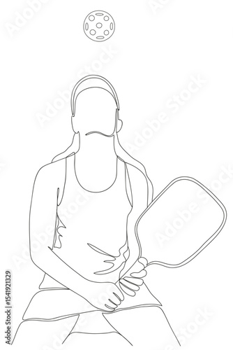 Woman in sports dress and cap stands in dynamic pose and plays pickleball. Continuous line. Ideal for sport, pickleball, active lifestyle, and modern graphic design themes.
