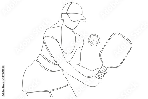 Sportswoman in action pose, holding racket with both hands and preparing to hit ball to opponent. Hand drawn minimal vector illustration in black and white. Isolated on white background